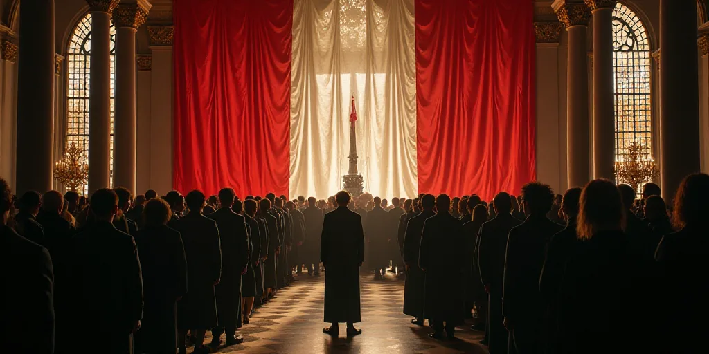 a group of people standing in front of flags in a room with columns and a flag on the wall, Bourgeoi