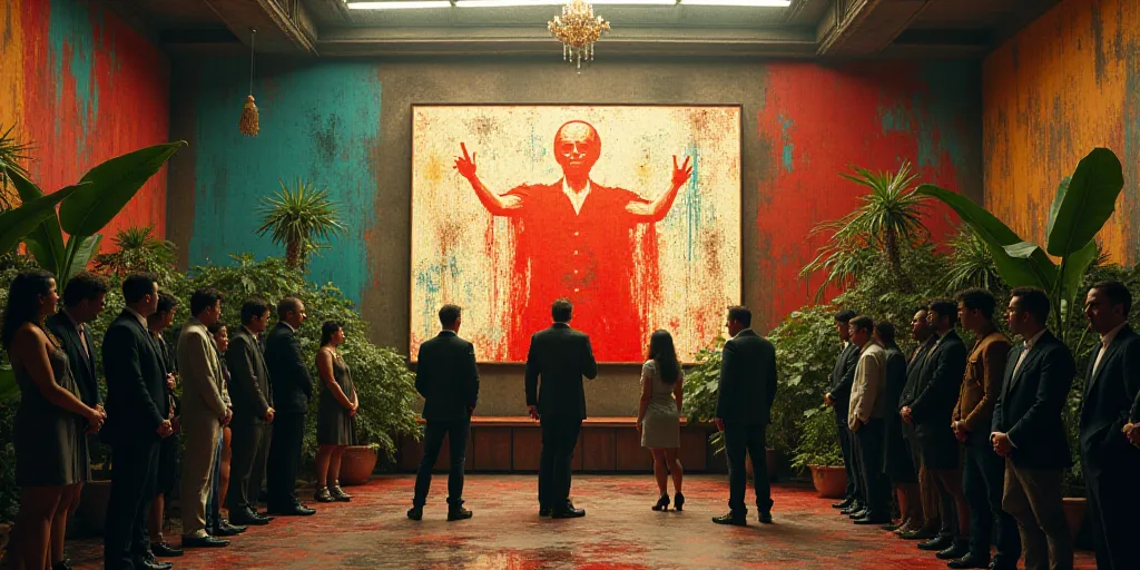 a group of people standing in front of a sign in a room with a lot of plants and a flag, David Alfar