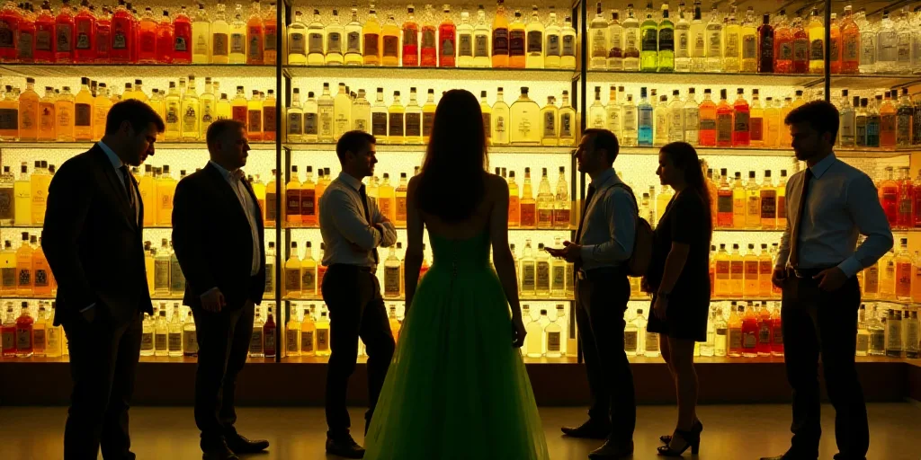 a group of people standing in front of a large display of bottles of liquid and a woman in a green d