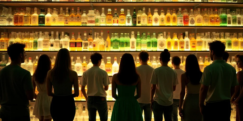 a group of people standing in front of a large display of bottles of liquid and a woman in a green d