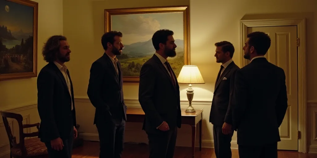 a group of people standing in a room with a lamp on the table and paintings on the wall behind them,