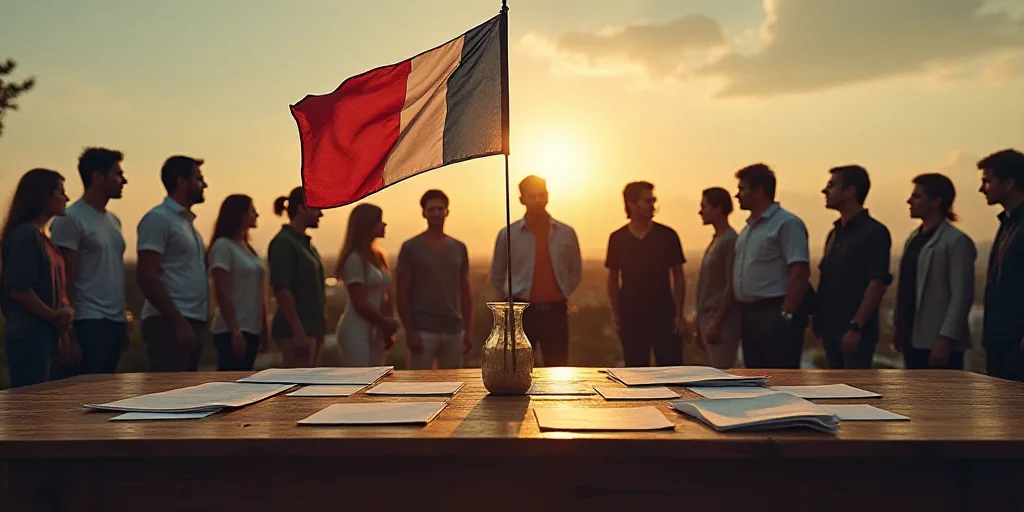 a group of people standing in front of a table with papers and a vase on it with a flag on it, Estua