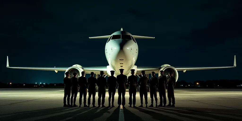a group of people standing in front of a plane at night time with a group of men in military uniform