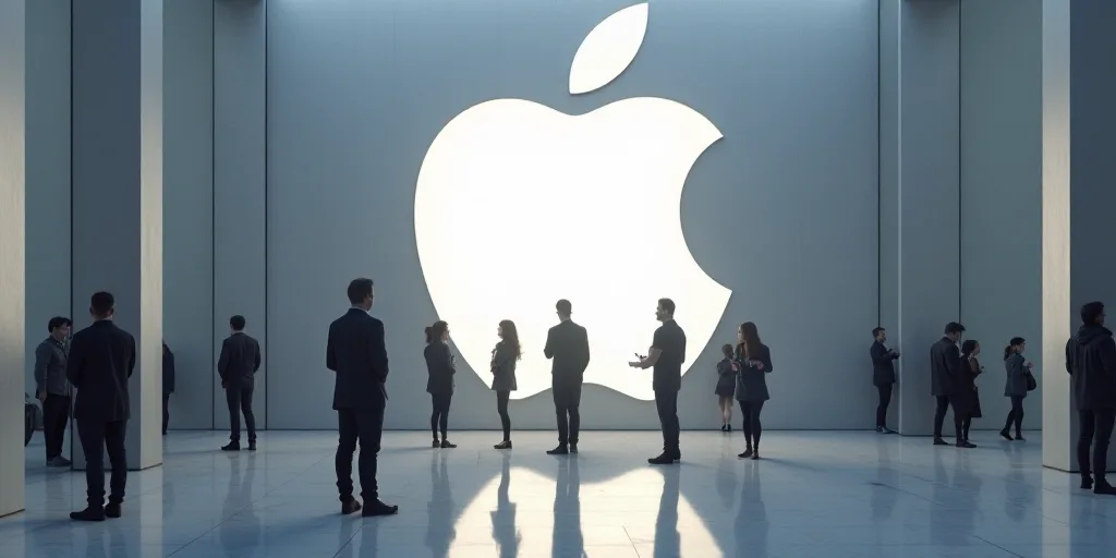 a group of people standing in a building with a large apple logo on it's wall and a building with a