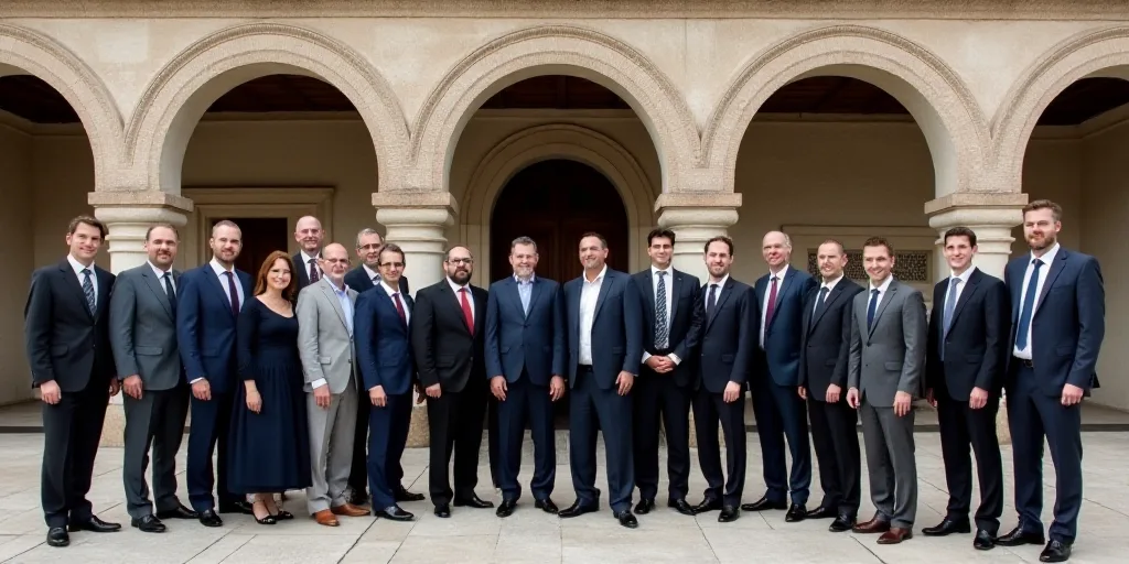 a group of people standing in front of a building with arches and arches on it, all wearing suits an