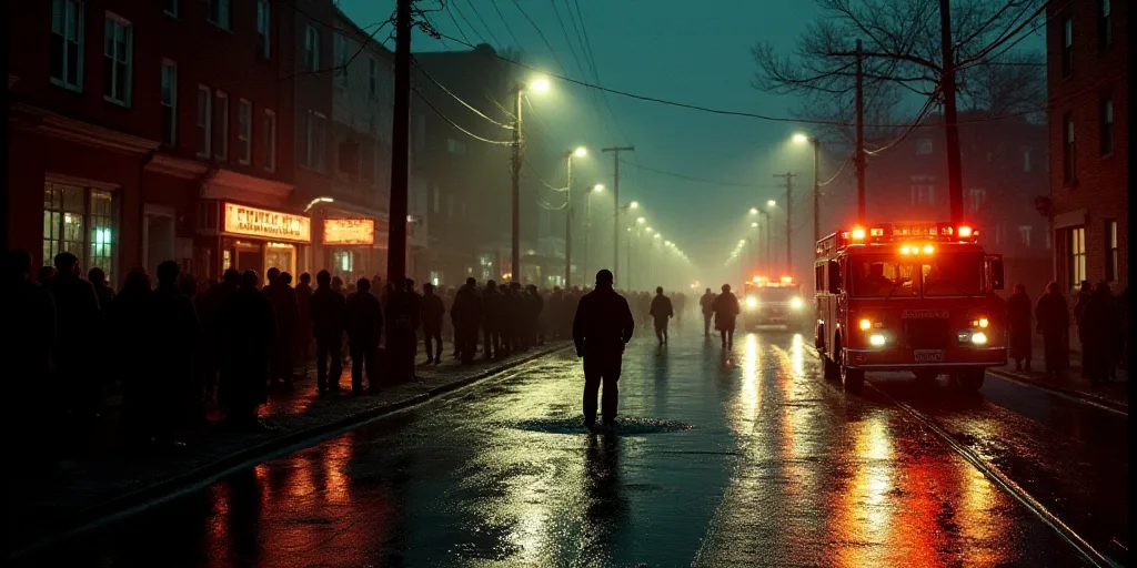 a group of people standing in a flooded street at night with a fireman in the middle of the street,