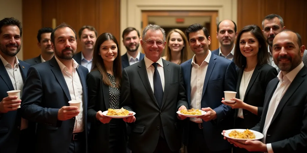a group of people standing in a room holding cups and plates of food and posing for a picture with a