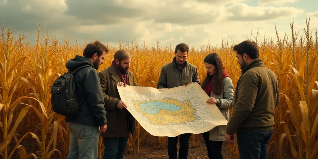 a group of people standing in a corn field looking at a map and a map of the area that they are look