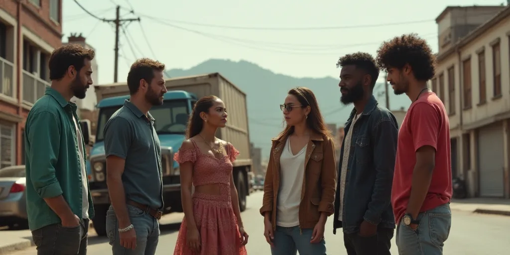 a group of people standing in the street talking to each other and a truck in the background with a