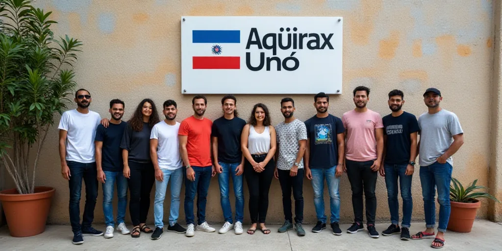a group of people standing in front of a sign with flags on it and a plant in the corner, Aquirax Un