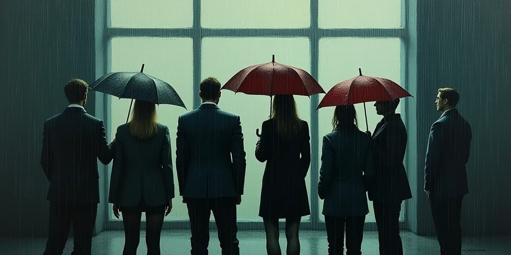 a group of people standing in front of a window with rain drops on them and holding umbrellas in the