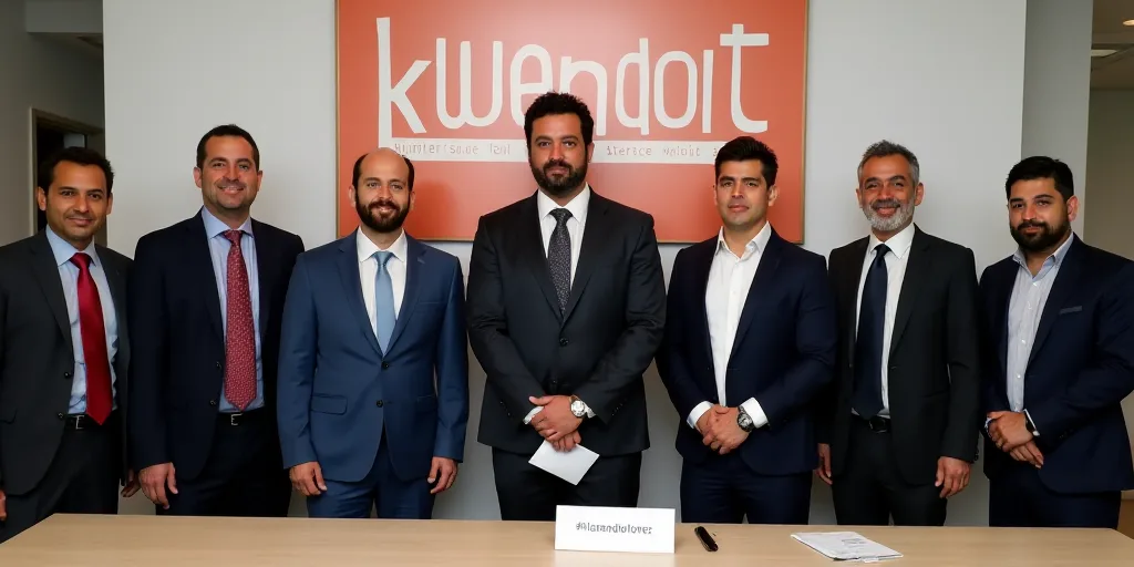 a group of people standing in front of a table with a sign behind them that says kuwait and two men