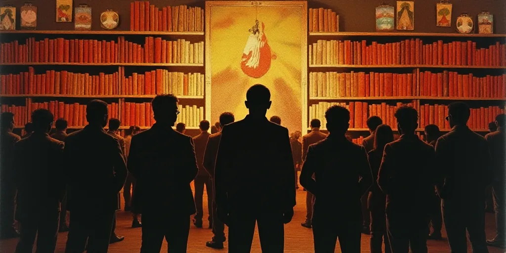 a group of people standing in front of a book shelf with flags and bookshelves behind them in a libr