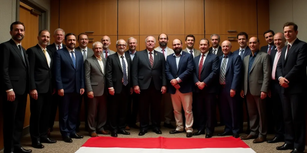 a group of people standing in a room together with a flag on the floor and a man in a suit and tie,