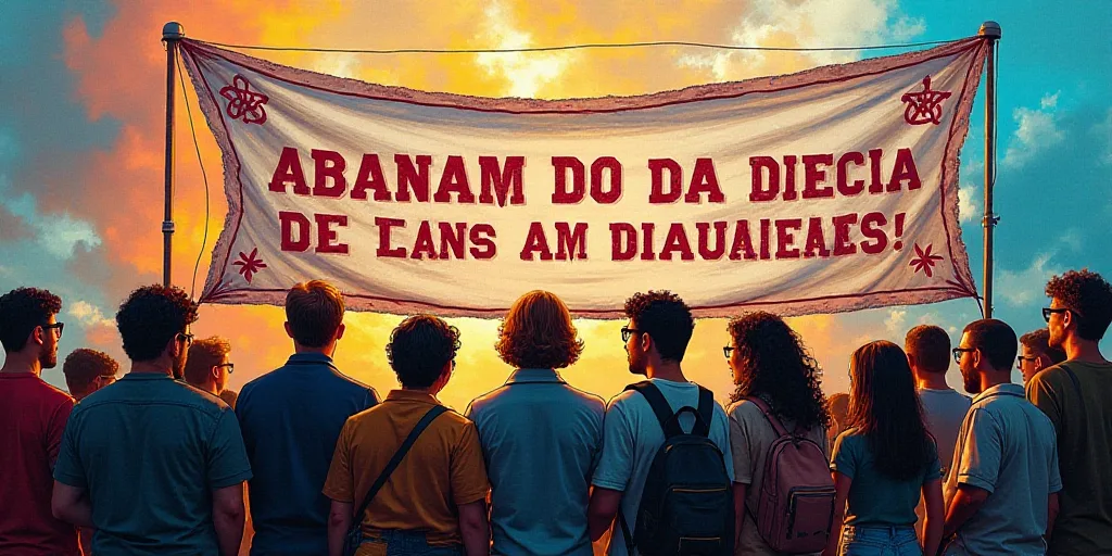 a group of people standing in front of a sign with a banner behind them that says, abanam do da deje