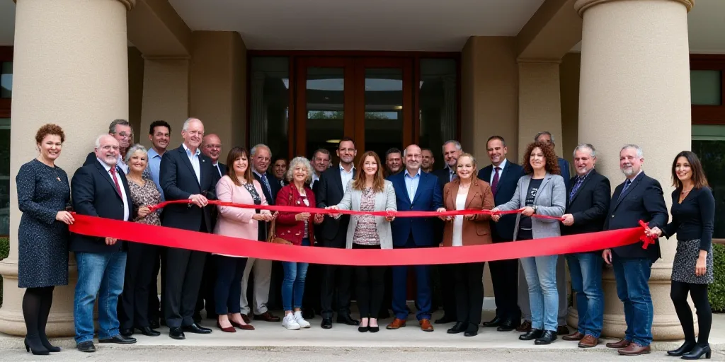 a group of people standing in front of a building with a ribbon cutting the ribbon to open the entra