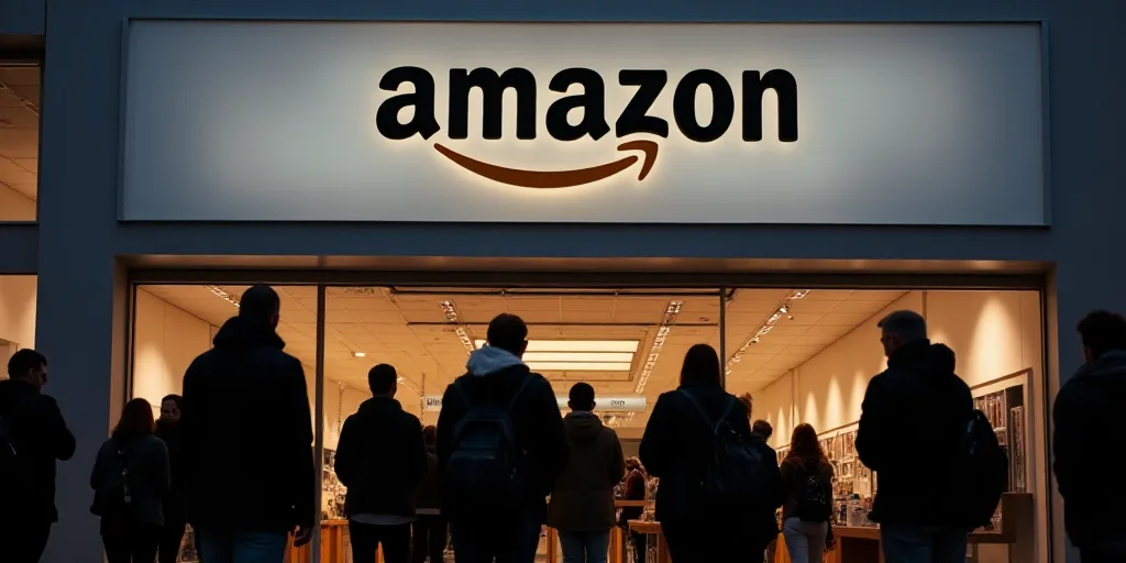 a group of people standing in front of a amazon sign with the amazon logo on it's wall, Ada Gladys K