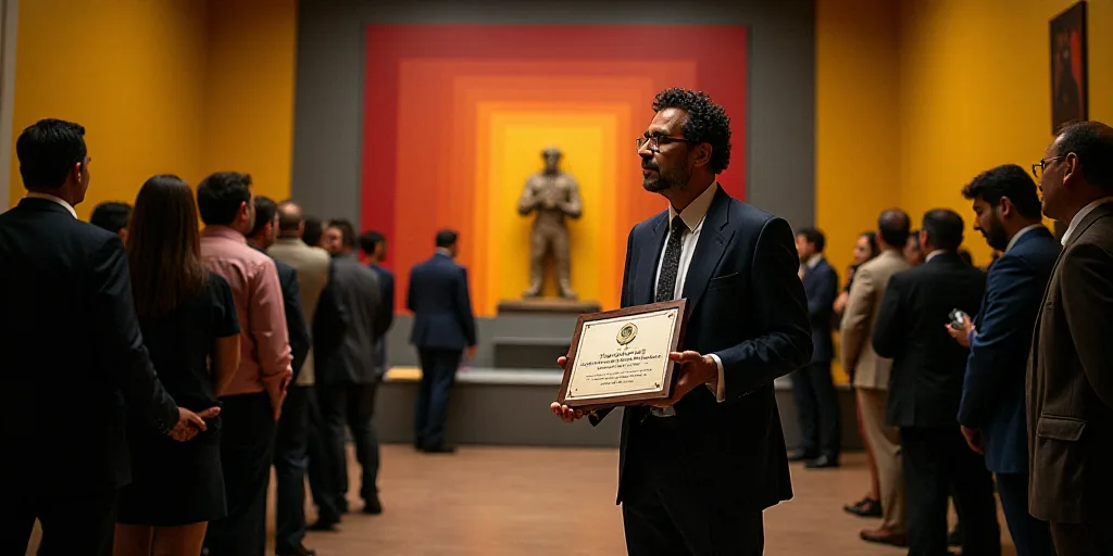 a group of people standing in a room with a plaque in front of them and a man holding a plaque, Davi
