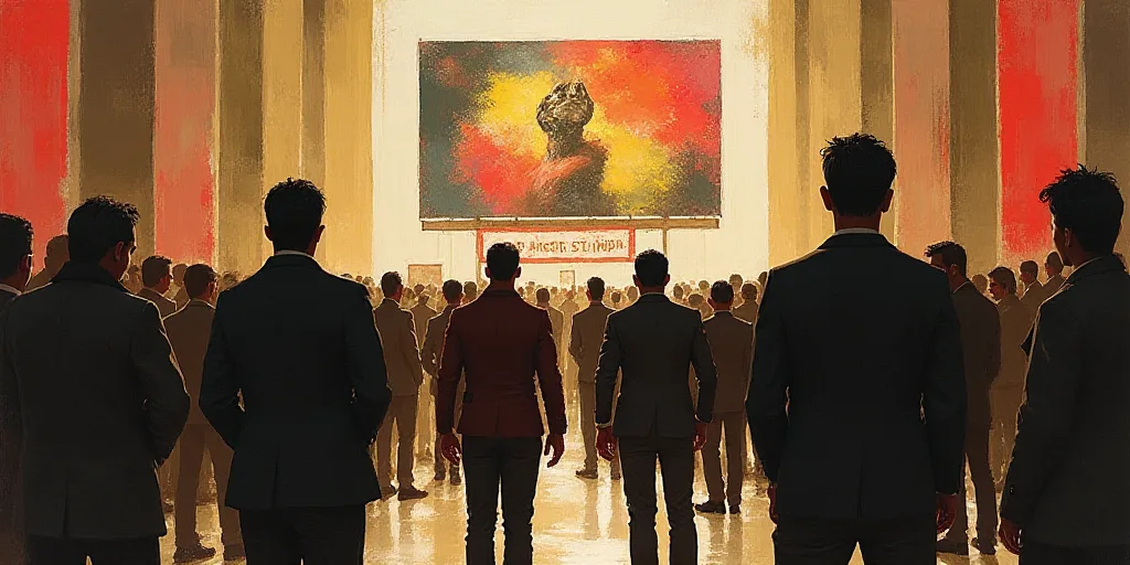 a group of people standing in front of a sign in a building with a large group of people standing be