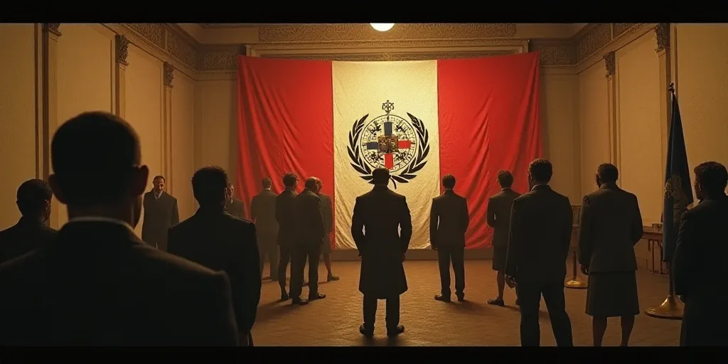 a group of people standing in front of a sign in a room with a flag on it and a flag on the wall, Da