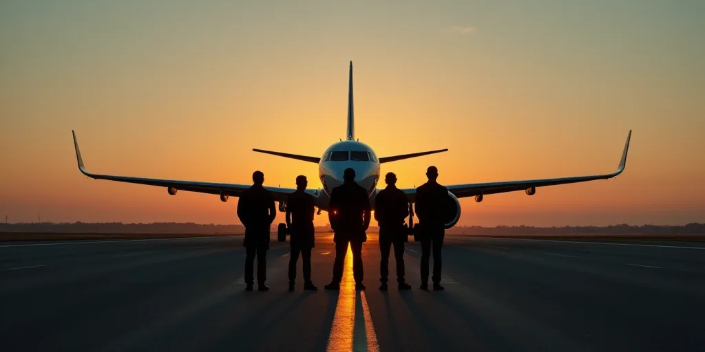 a group of people standing in front of a plane on a runway at dusk or dawn or dawn, with a plane in