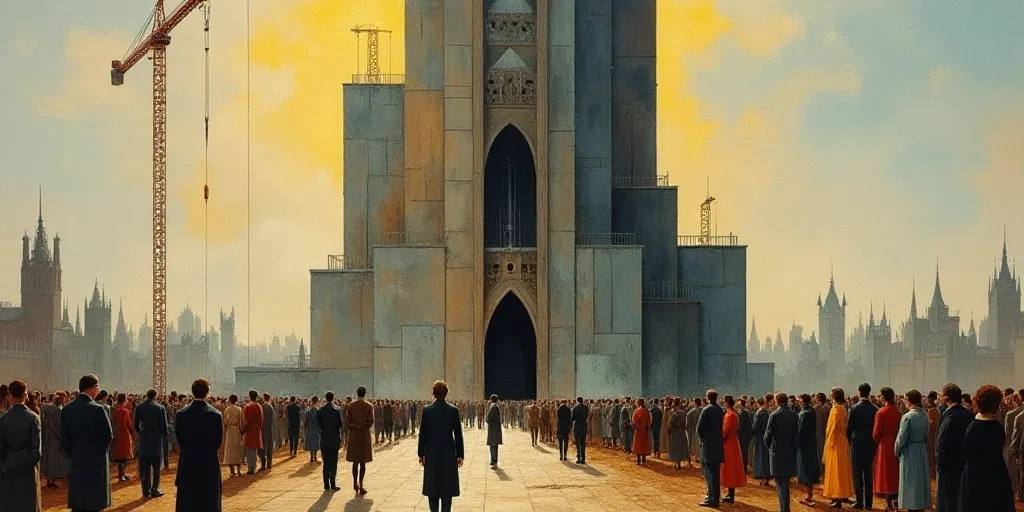 a group of people standing in front of a tall building under construction with a crane in the backgr