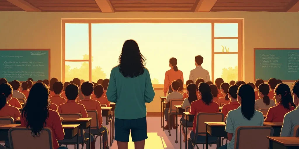 a group of people standing in front of a classroom full of students sitting at desks with their back