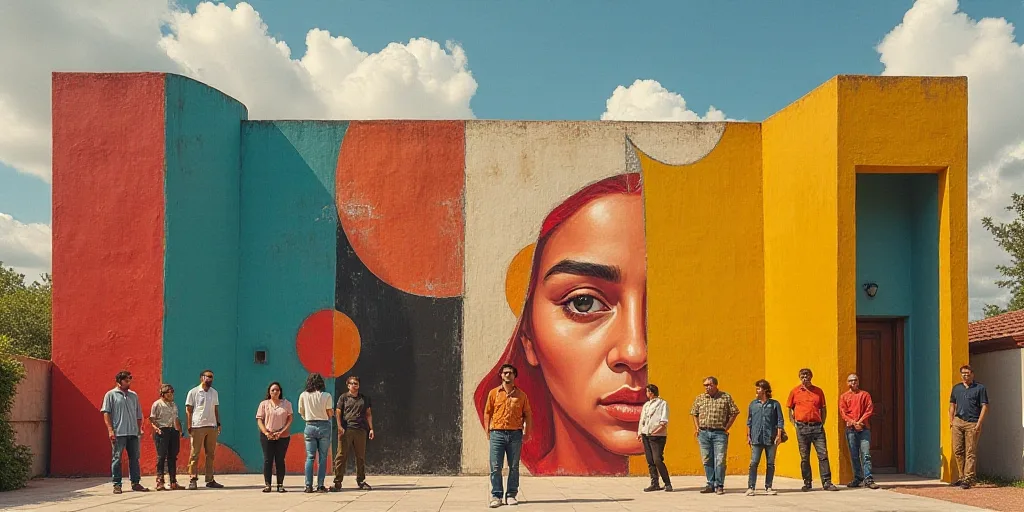a group of people standing in front of a building with a large painting on the wall behind them and