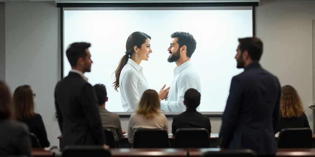 a group of people standing in front of a white board with a picture of a man and woman on it, Carlos