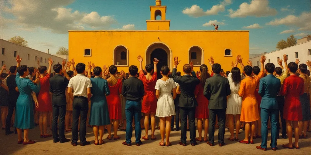 a group of people standing in front of a building with their hands up in the air and clapping to the