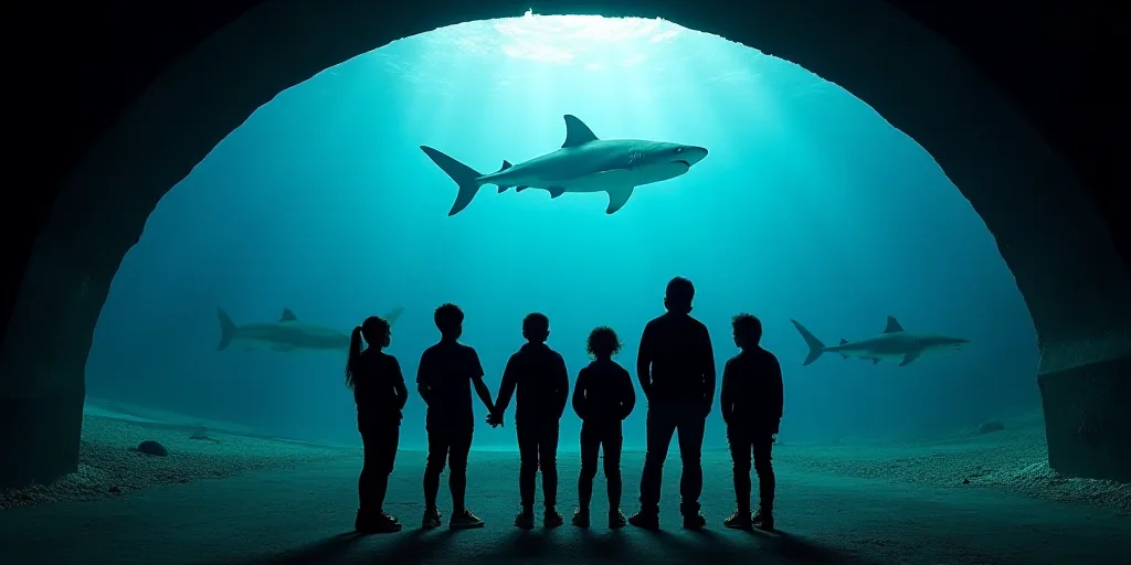a group of people standing in front of a shark tunnel with a shark in the background and a group of
