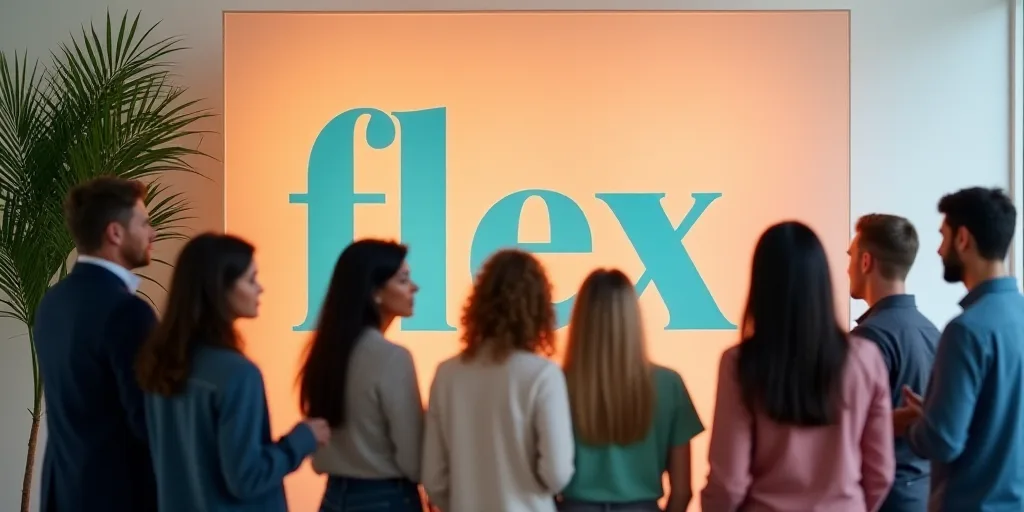 a group of people standing in front of a sign that says flex on it and a plant in the background, Fl