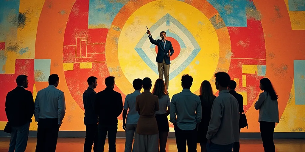 a group of people standing in front of a wall with a colorful pattern on it and a person pointing at