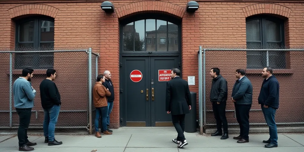 a group of people standing in front of a brick building with a metal fence around them and a sign th