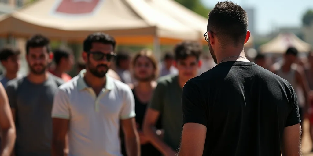 a group of people standing next to each other under a tent with a flag on it and a man in a black sh