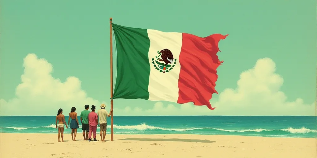 a group of people standing next to a large mexican flag kite on a beach in the ocean with people sta