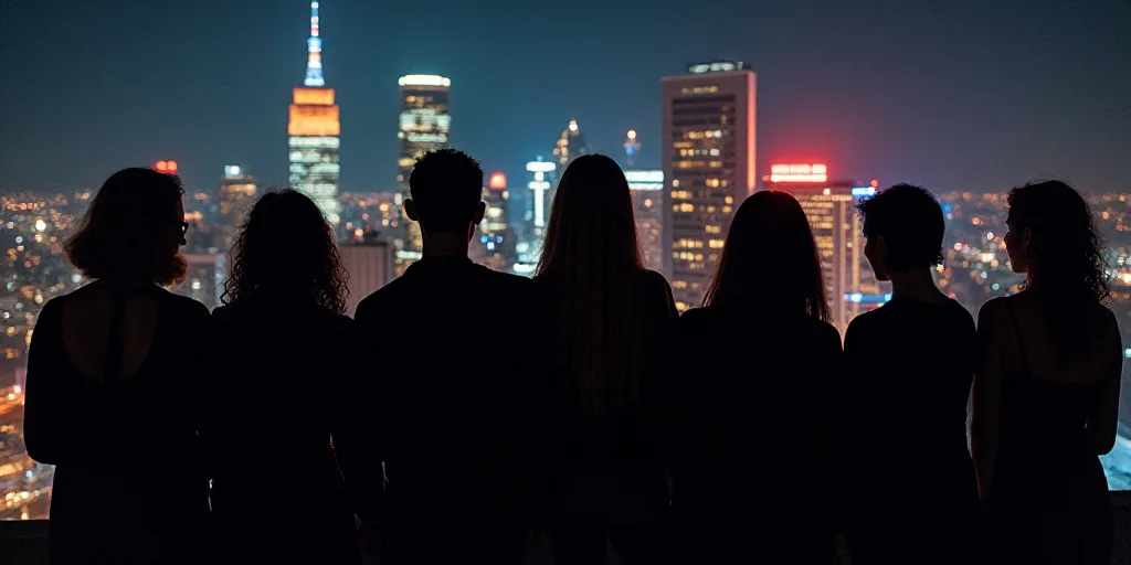 a group of people standing next to each other in front of a city at night with lights on the buildin