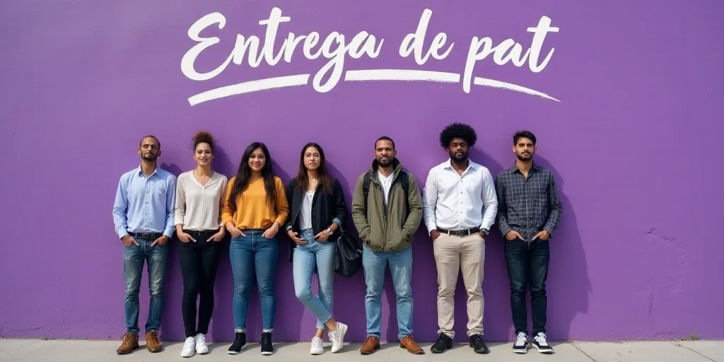 a group of people standing next to each other in front of a purple wall with a sign that says entreg