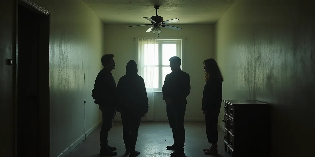 a group of people standing next to each other in a room with a ceiling fan and a large window, Anna