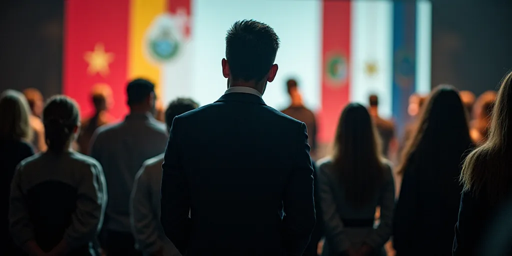 a group of people standing next to each other in front of a screen with flags on it and a man in a s