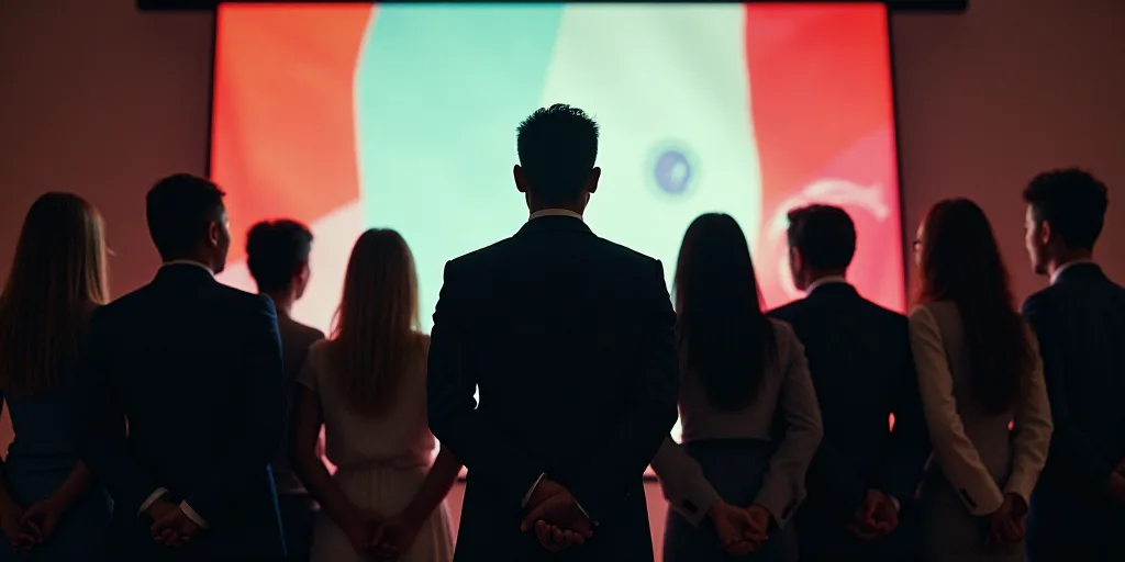 a group of people standing next to each other in front of a screen with flags on it and a man in a s