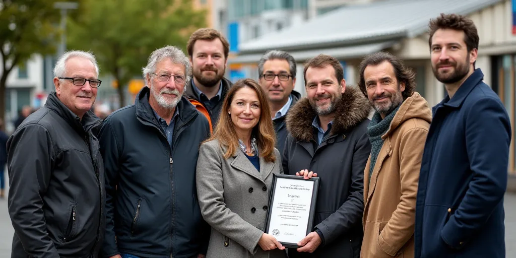 a group of people standing next to each other holding a plaque in front of a sign that reads,, Cefer