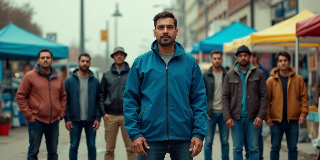 a group of people standing next to each other on a street corner with tents in the background and a