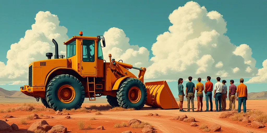 a group of people standing next to a bulldozer on a dirt field with a sky background and clouds, Dav