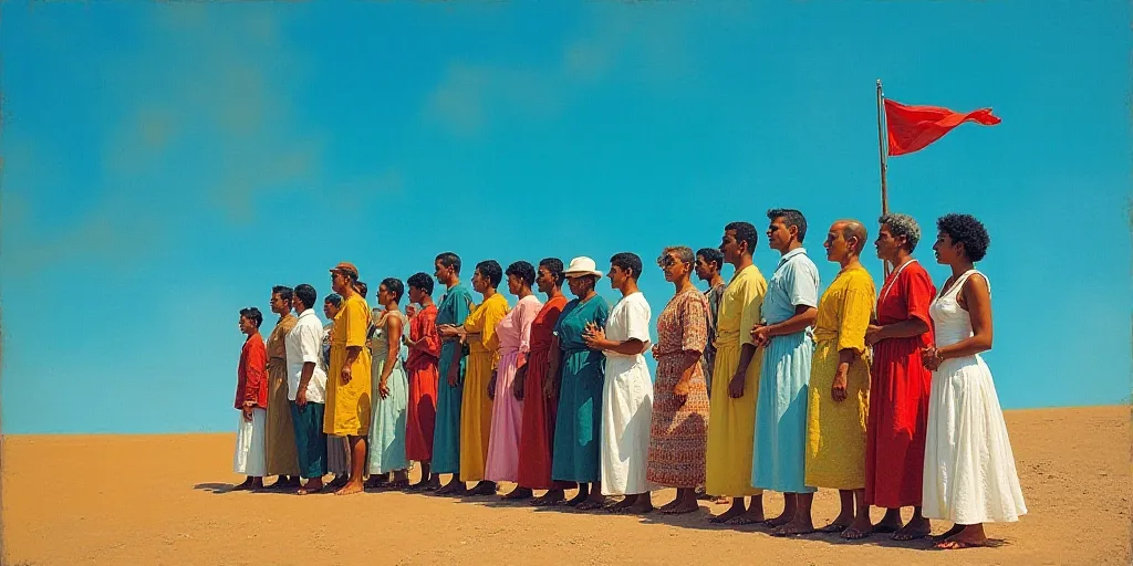 a group of people standing next to each other under a blue sky with a flag flying in the background,