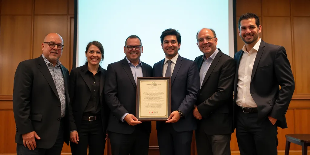 a group of people standing next to each other holding an award plaque in front of a screen with a si