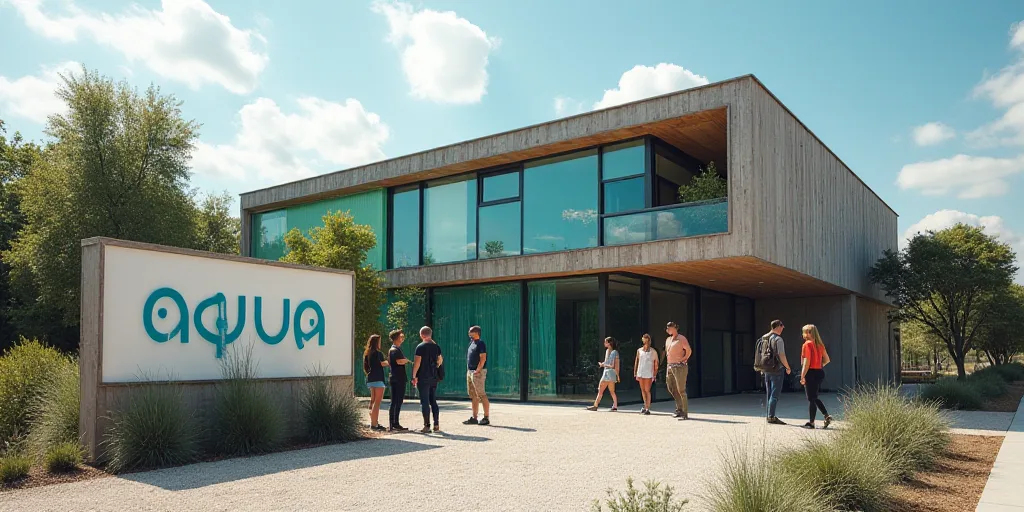 a group of people standing next to a sign in front of a building with a sign that says aqua tech, Aq