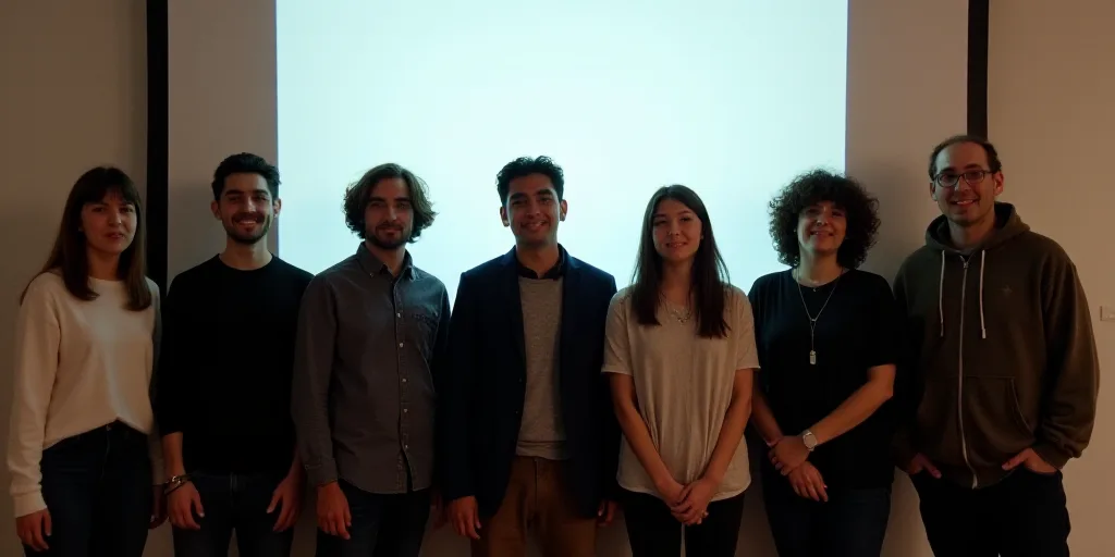 a group of people standing next to each other in front of a projector screen with a projector screen