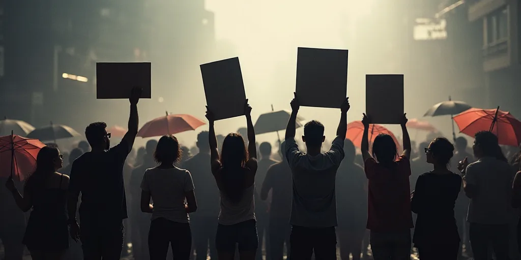 a group of people standing next to each other holding up signs in front of a crowd of people with um