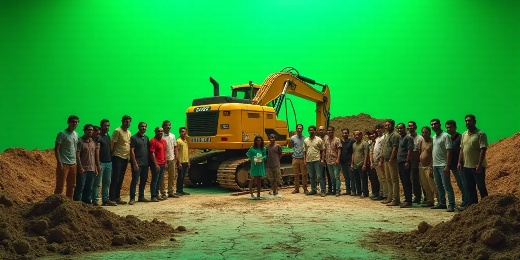 a group of people standing on a stage with a construction vehicle in the background and a constructi